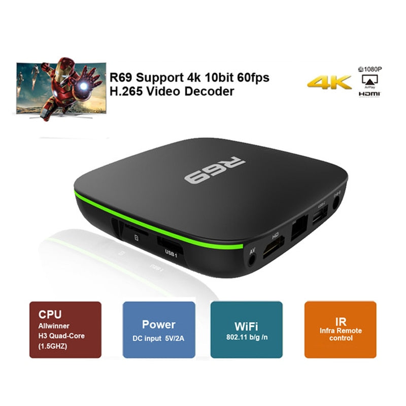 R69 Smart Android 7.1 TV Box 1GB 8GB Allwinner H3 Quad-Core 2.4G Wifi Set Top Box 1080P HD Support 3D movie Media player