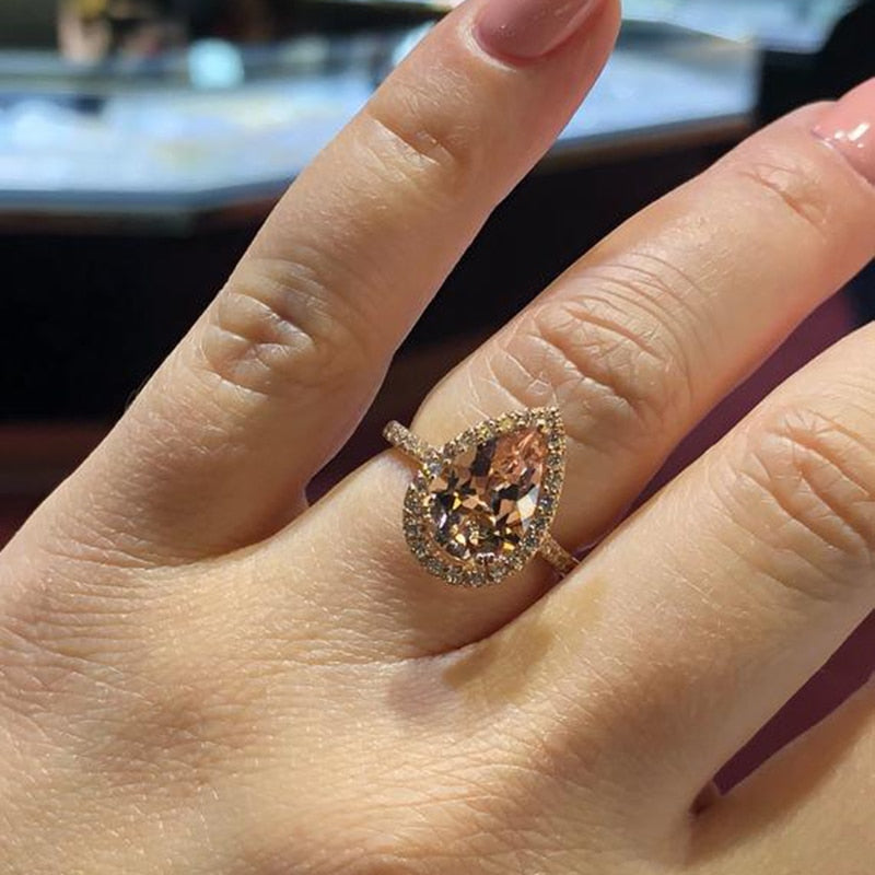 Elegant Cubic Zirconia Ring Rose Gold Color Champagne Crystal Engagement Wedding Ring for Women Jewelry