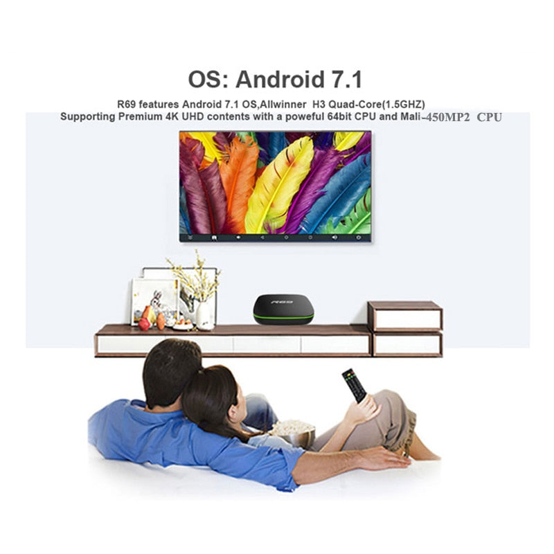 R69 Smart Android 7.1 TV Box 1GB 8GB Allwinner H3 Quad-Core 2.4G Wifi Set Top Box 1080P HD Support 3D movie Media player