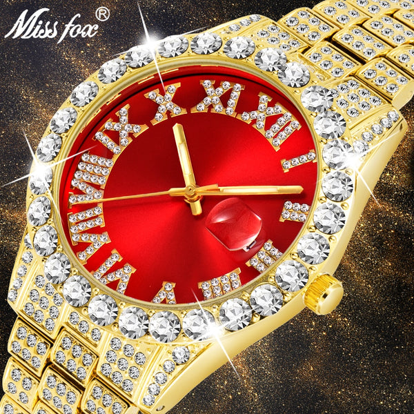 ⭐️⭐️⭐️⭐️⭐️ MISSFOX  2643Re Men's Watches 2020 Modern Diamond Waterproof Red Watch Men Top Brand Luxury 18k Gold Man Watch Analog Quartz Watch Men