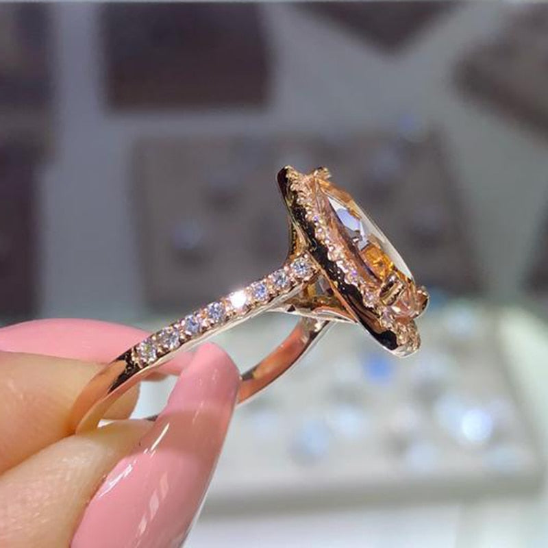 Elegant Cubic Zirconia Ring Rose Gold Color Champagne Crystal Engagement Wedding Ring for Women Jewelry