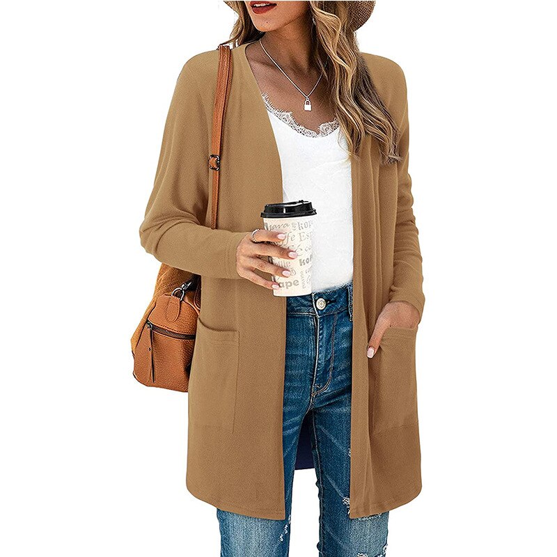 European and American foreign trade sweater women solid color casual mid-length pocket knitted cardigan