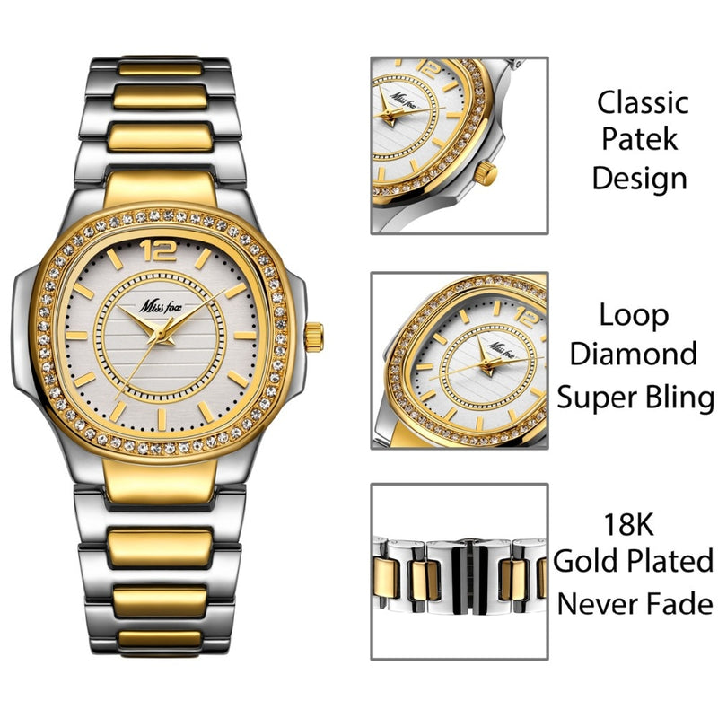 ⭐️⭐️⭐️⭐ Missfox 2549 Women Watches Women Watch 2021 Geneva Designer Ladies Watch Luxury Brand Diamond Quartz Gold Wrist Watch Gifts For Women