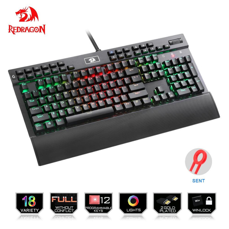 Redragon Professional Gaming mechanical keyboard full color LED backlit keys Metal housing 104 keys USB wired PC Computer