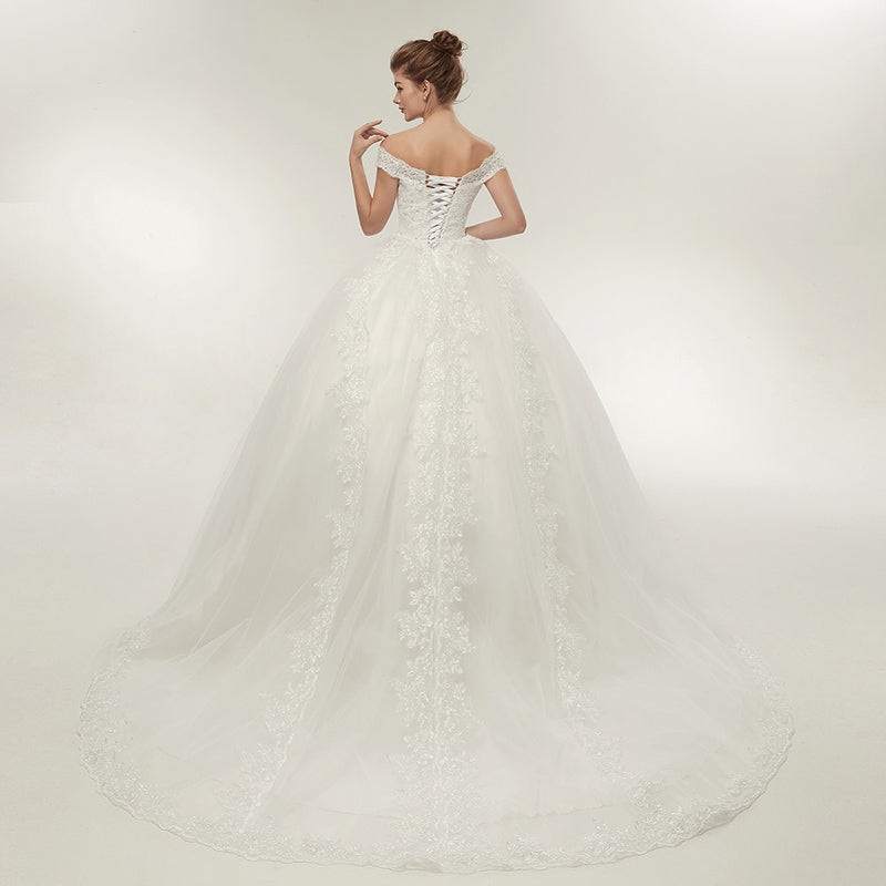 Vintage White Long Train Wedding Dresses Plus Size Bling Bridal Gowns