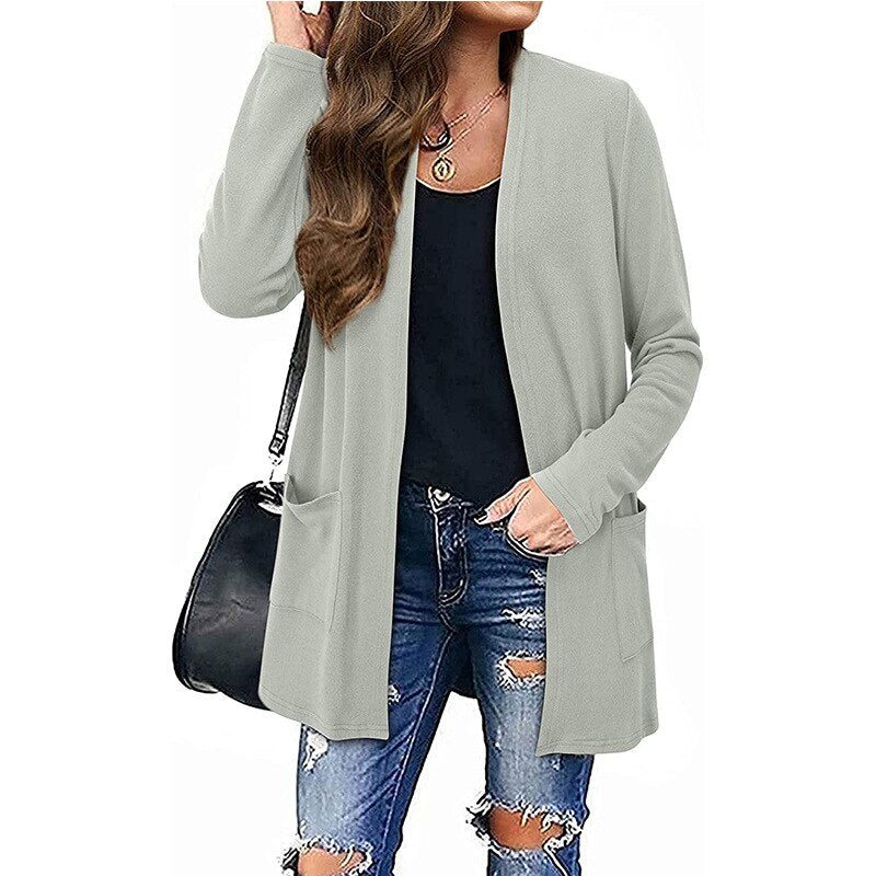 European and American foreign trade sweater women solid color casual mid-length pocket knitted cardigan
