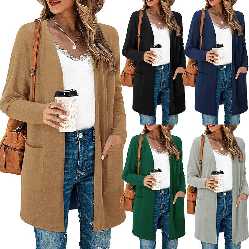 European and American foreign trade sweater women solid color casual mid-length pocket knitted cardigan