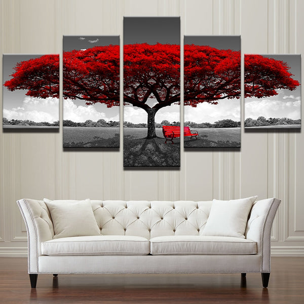 Modular Canvas HD Prints Posters Home Decor Wall Art Pictures 5 Pieces Red Tree Art Scenery Landscape Paintings Framework PENGDA