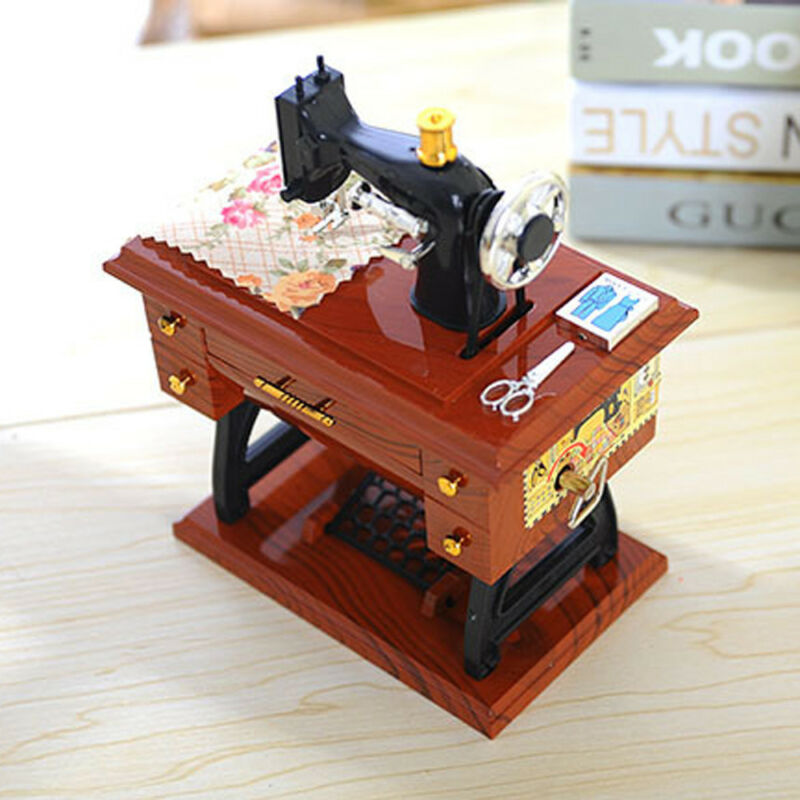 Vintage Music Box Mini Sewing Machine Style Mechanical Birthday Gift Table Decor Sewing Machine Style Mechanical Music Box