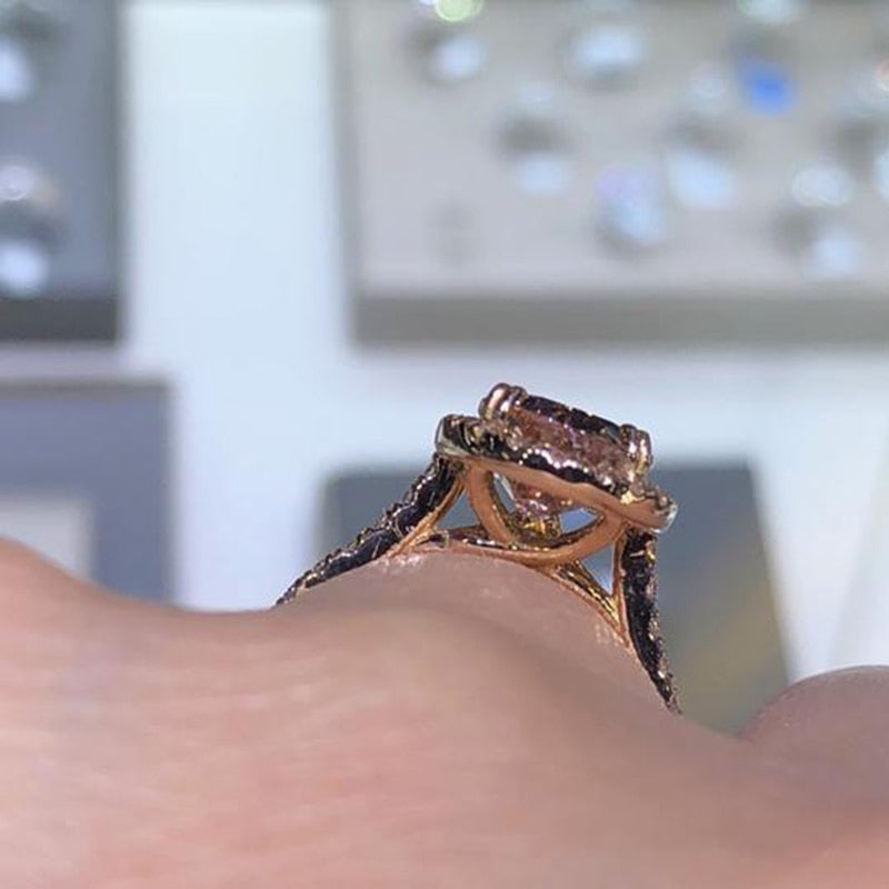Elegant Cubic Zirconia Ring Rose Gold Color Champagne Crystal Engagement Wedding Ring for Women Jewelry