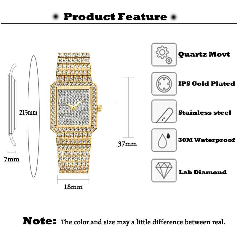 MISSFOX  2689 Diamond Watch For Women Luxury Brand Ladies Gold Square Watch Minimalist Analog Quartz Movt Unique Female Iced Out Watch