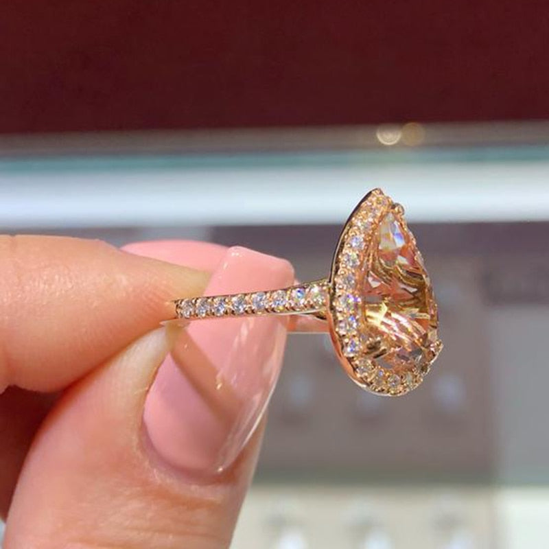 Elegant Cubic Zirconia Ring Rose Gold Color Champagne Crystal Engagement Wedding Ring for Women Jewelry