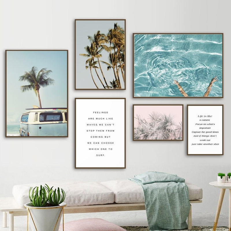 Coconut Tree Palm leafs Bus Sea Landscape Wall Art Canvas Painting Nordic Posters And Prints Wall Pictures For Living Room Decor