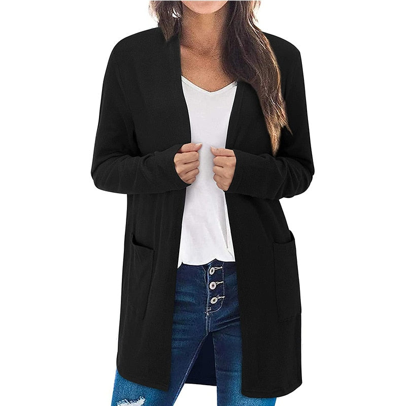 European and American foreign trade sweater women solid color casual mid-length pocket knitted cardigan