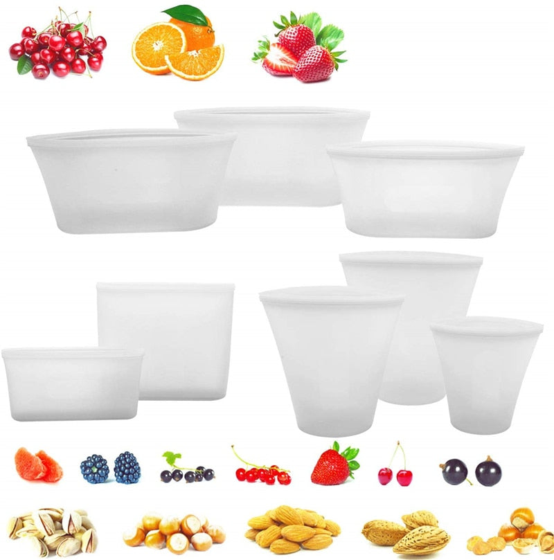 Silicone Food Storage Containers Set Fresh Bowl Cup Bag Reusable Stand Up Zips Shut Bag Fruit Vegetable Cup With Seal Organizer