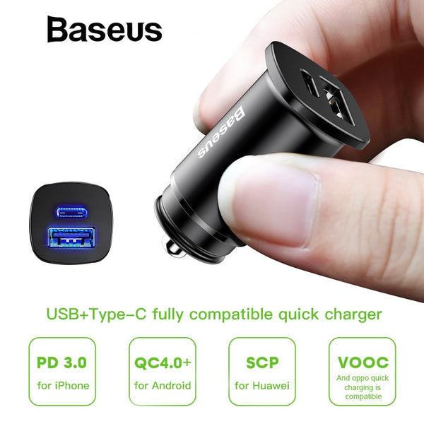 Baseus 30W Dual USB C PD Quick Charge QC 4.0 Car Charger For Mobile Phone Charger Fast USB PD Type C AFC SCP Car Phone Charger