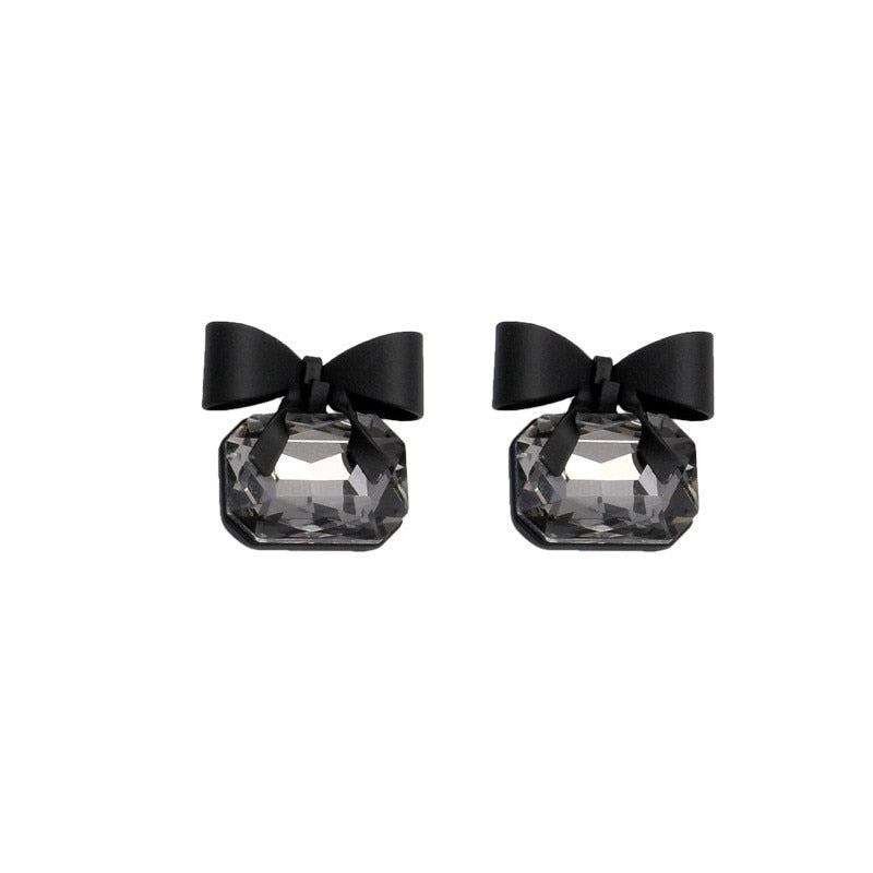 2021 New joker Korean sweet Black bowknot Women Earrings fashion senior shiny crystal geometric square Stud Earrings Jewelry