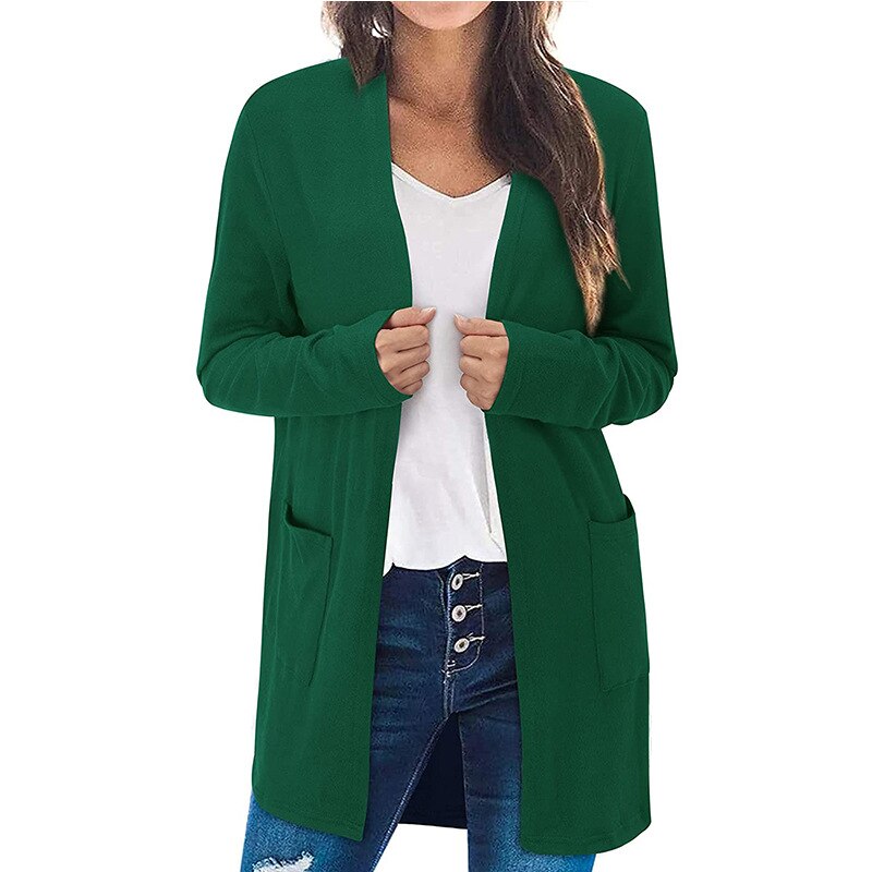European and American foreign trade sweater women solid color casual mid-length pocket knitted cardigan