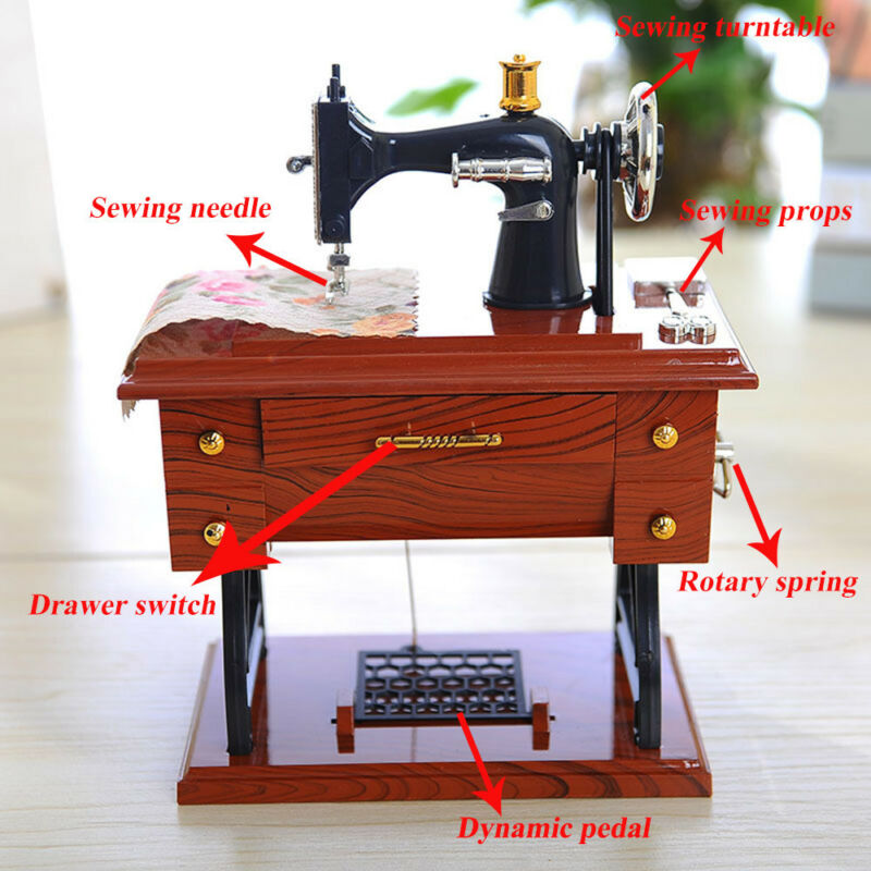 Vintage Music Box Mini Sewing Machine Style Mechanical Birthday Gift Table Decor Sewing Machine Style Mechanical Music Box