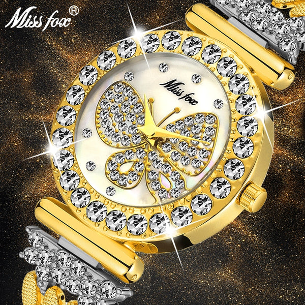 ⭐️⭐️⭐️⭐️⭐️ MISSFOX 2030 Butterfly Women Watches Luxury Brand Big Diamond 18K Gold Watch Waterproof Special Bracelet Expensive Ladies Wrist Watch