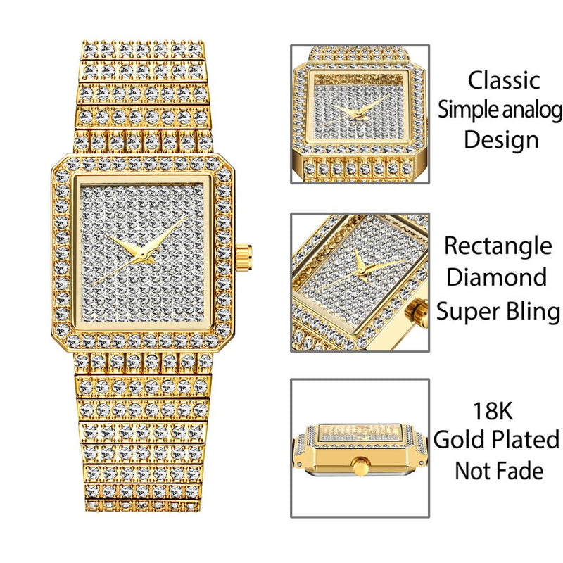 MISSFOX  2689 Diamond Watch For Women Luxury Brand Ladies Gold Square Watch Minimalist Analog Quartz Movt Unique Female Iced Out Watch