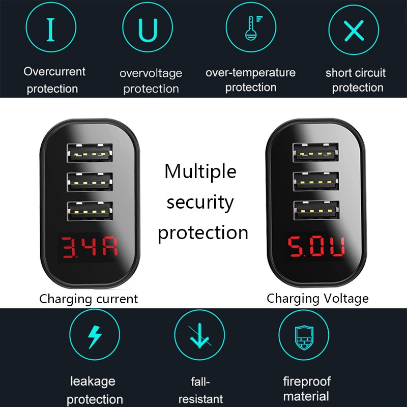 LED Display 3 USB Charger, Baseus Mobile Phone USB Charger Fast Charging Wall Charger For iPhone Samsung Xiaomi 3.4A Max Charger