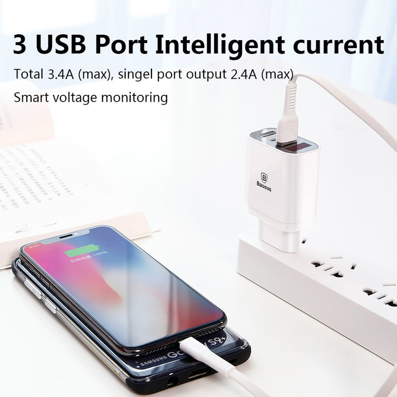 LED Display 3 USB Charger, Baseus Mobile Phone USB Charger Fast Charging Wall Charger For iPhone Samsung Xiaomi 3.4A Max Charger