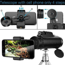 Load image into Gallery viewer, Lens for phone 40X60 Zoom for Smartphone Monocular Telescope Scope Camera Camping Hiking Fishing with Compass Phone Clip Tripod
